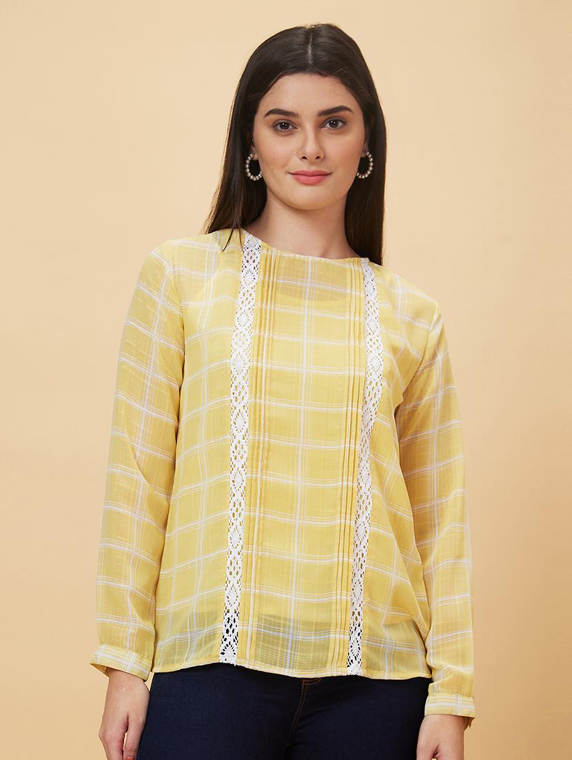 round neck checkered regular top - 20056416 -  Zoom Image - 0