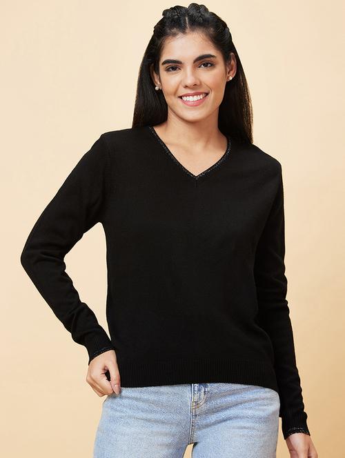 globus women black shiny v-neck design with ribbed hem acrylic sweater - 20056422 -  Standard Image - 0