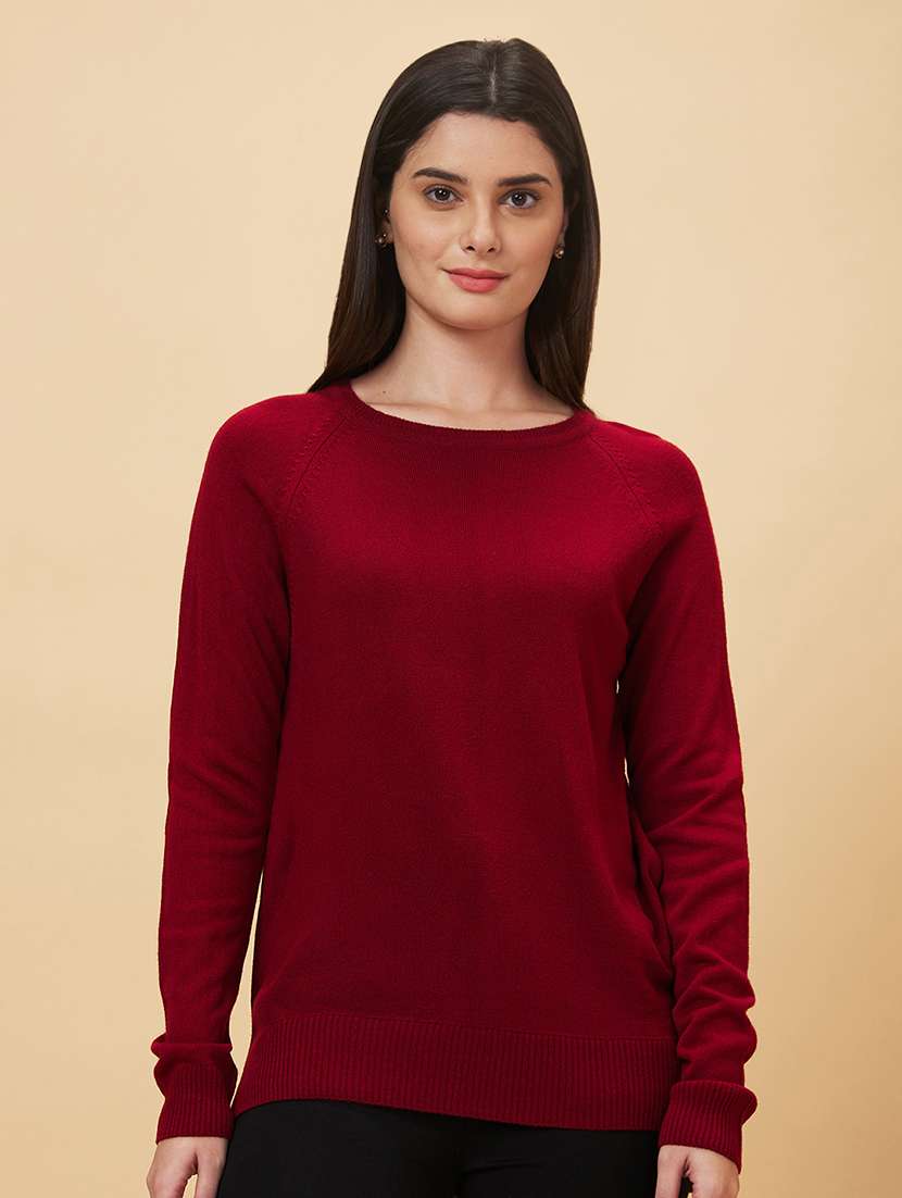 globus women red raglan sleeve with ribbed hem acrylic sweater