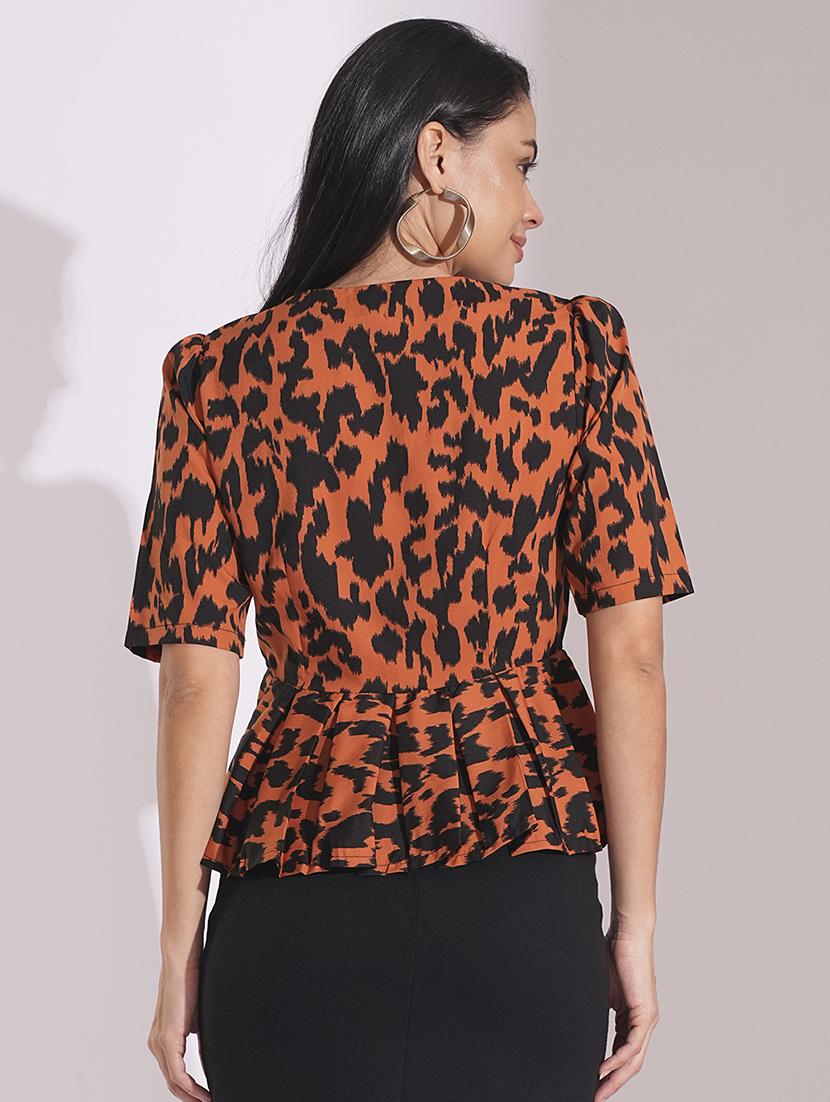 globus women rust animal print puff sleeves pleated peplum top - 20056433 - Standard Image - 2