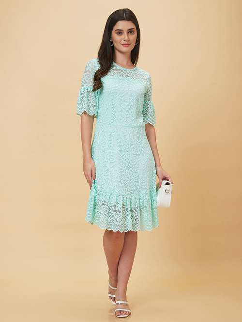 globus women mint green floral lace design flared hem tiered dress - 20056436 - Standard Image - 0