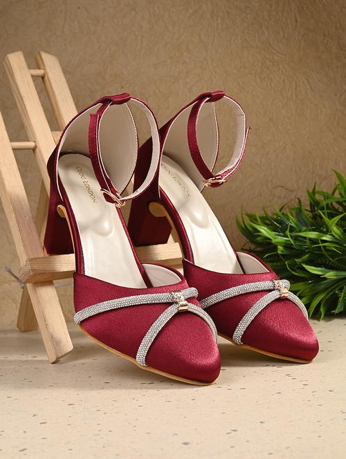maroon embellished ankle strap block heels  - 20059770 -  Standard Image - 0