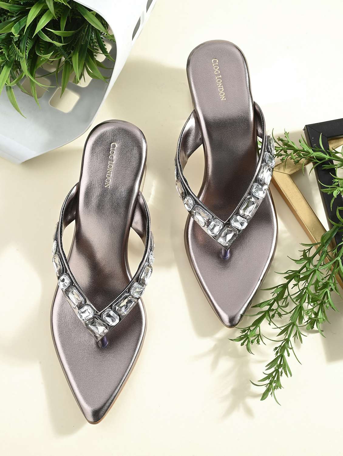 grey synthetic slip on sandals