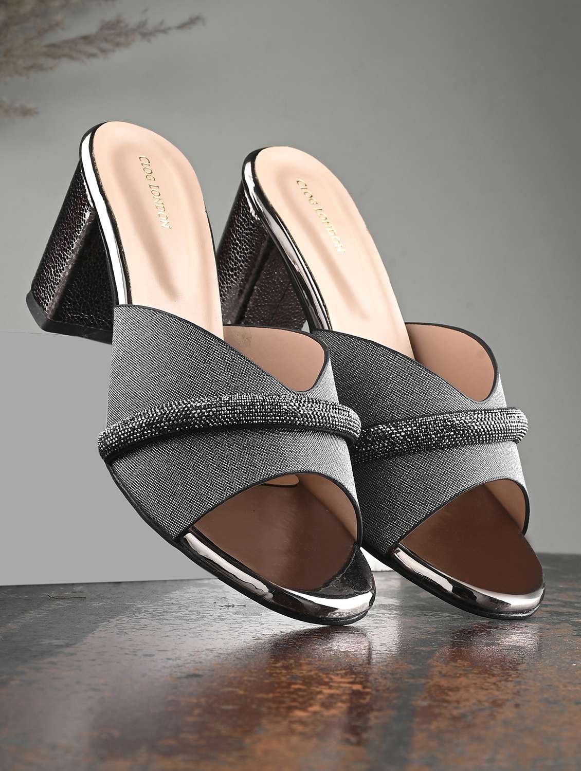 grey synthetic slip on sandals