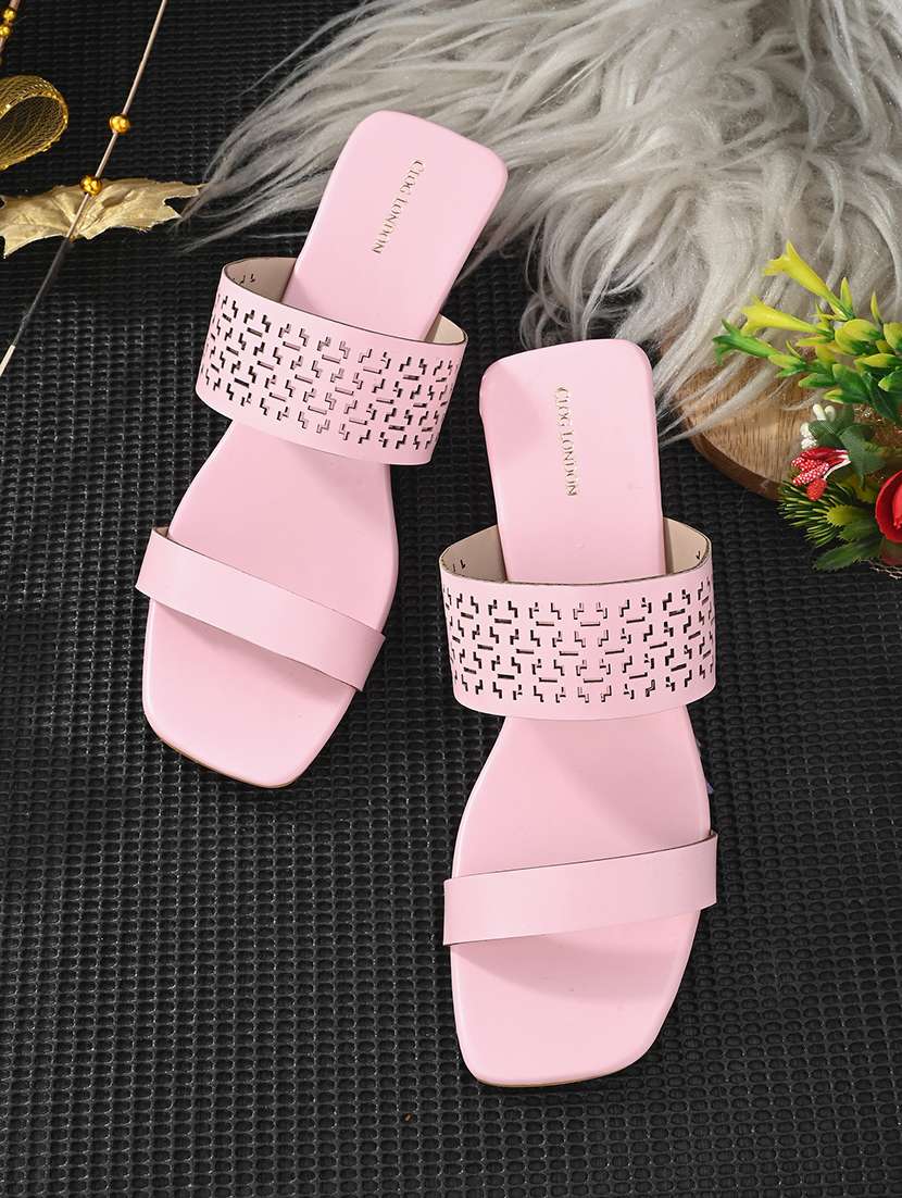 pink synthetic slip on sandals