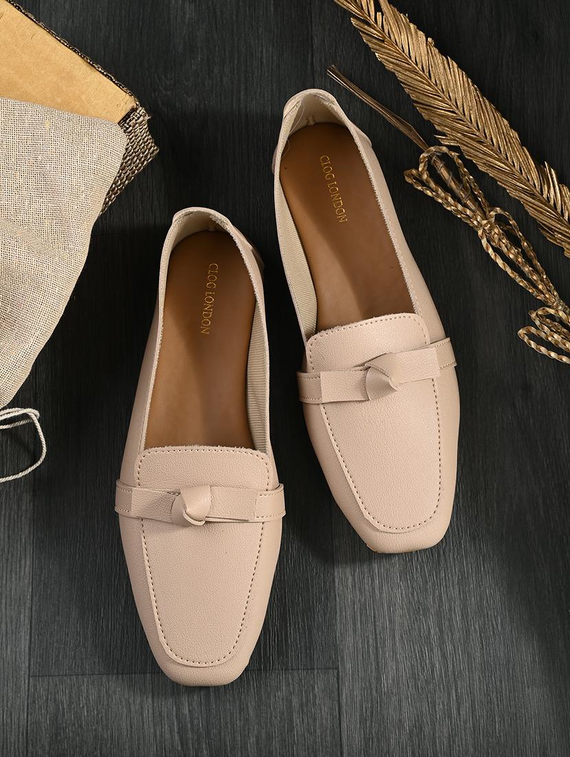beige synthetic slip on loafers