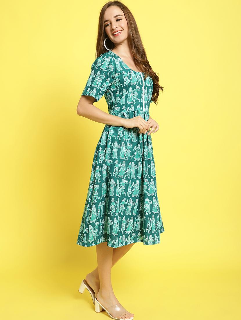green printed a-line ethnic dress - 20061607 - Standard Image - 2