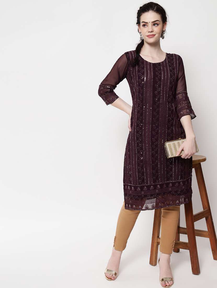 round neck tonal embroidered straight kurta - 20067052 - Standard Image - 2