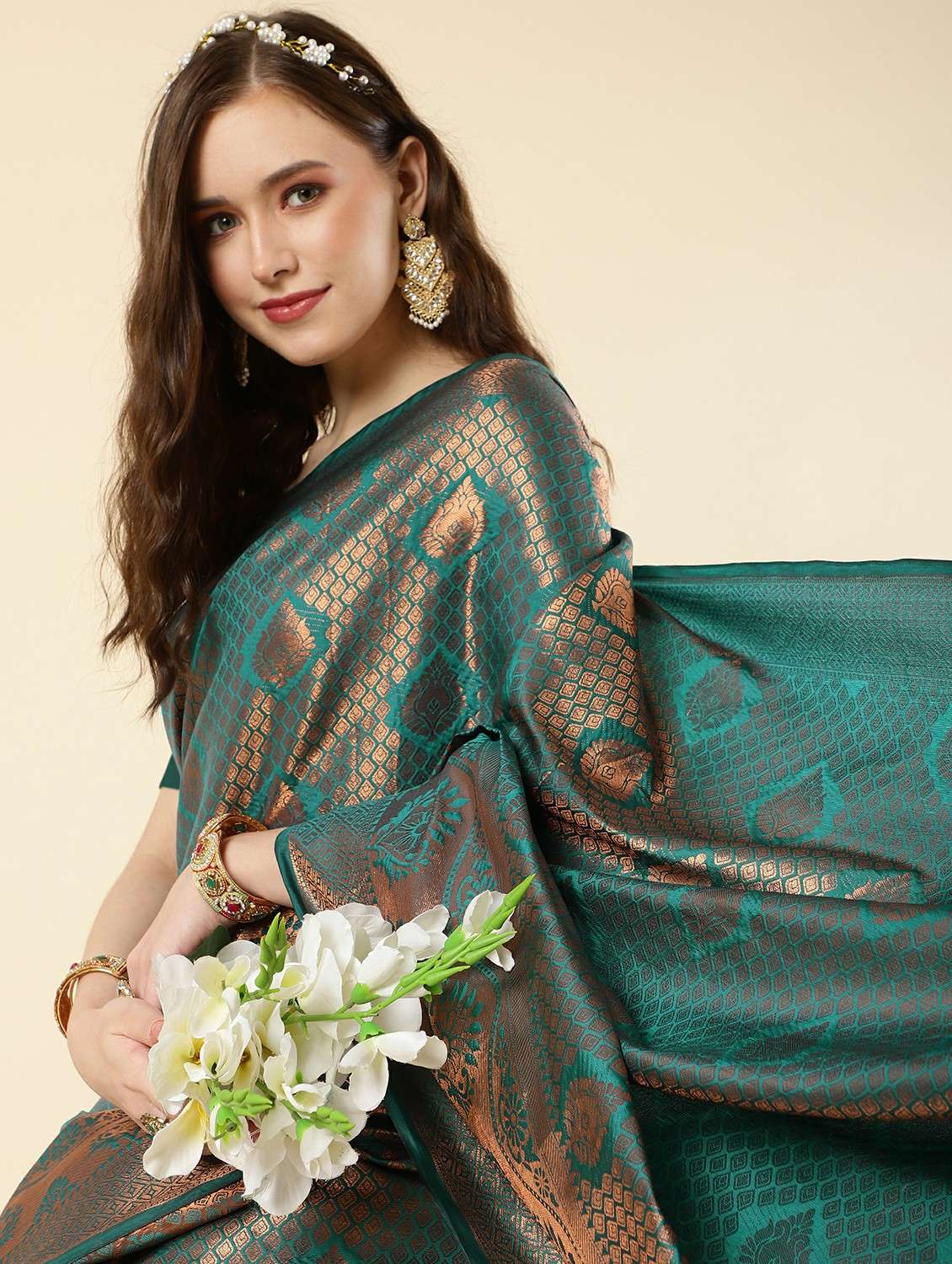 green banarasi saree with blouse - 20067844 -  Standard Image - 2