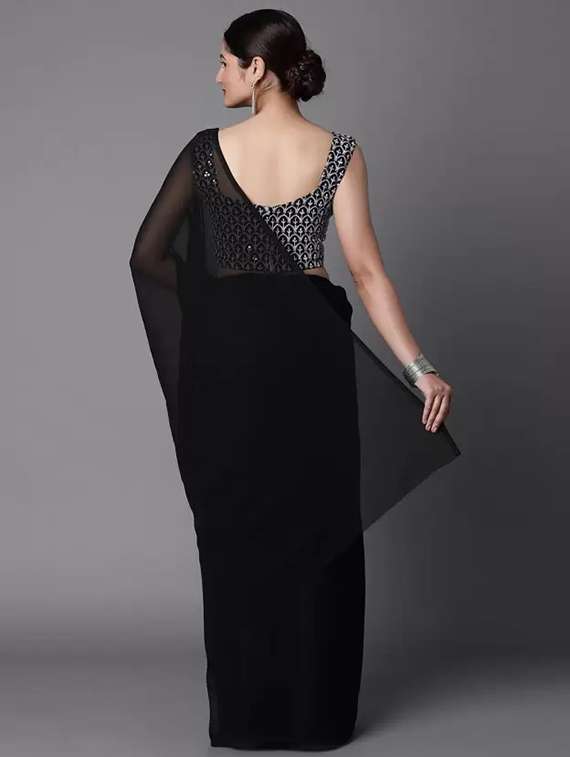 women's solid black colored saree with blouse - 20068639 -  Standard Image - 2
