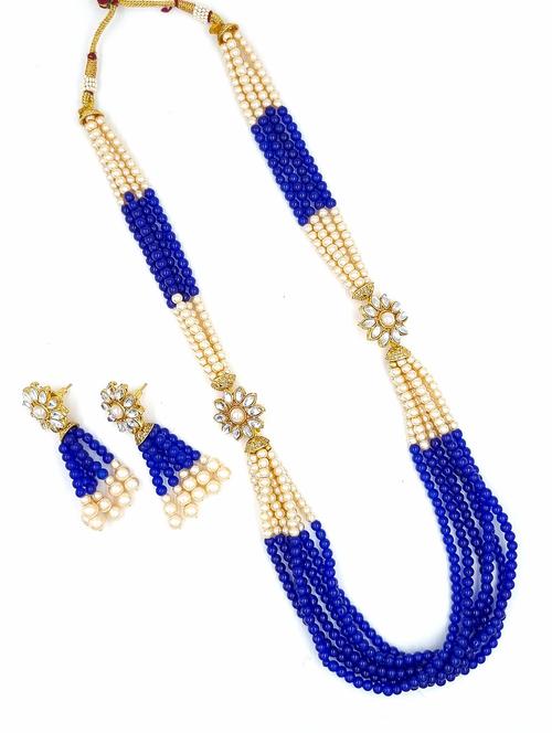 gold plated beads & kundan long necklace set - 20072598 - Standard Image - 0