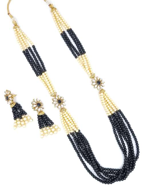 gold plated beads & kundan long necklace set - 20072599 -  Standard Image - 0