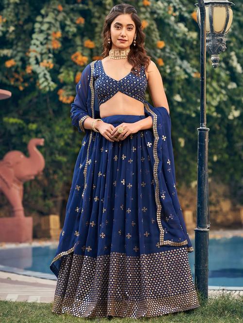 blue self design semi-stitched flared lehenga - 20078152 -  Standard Image - 0