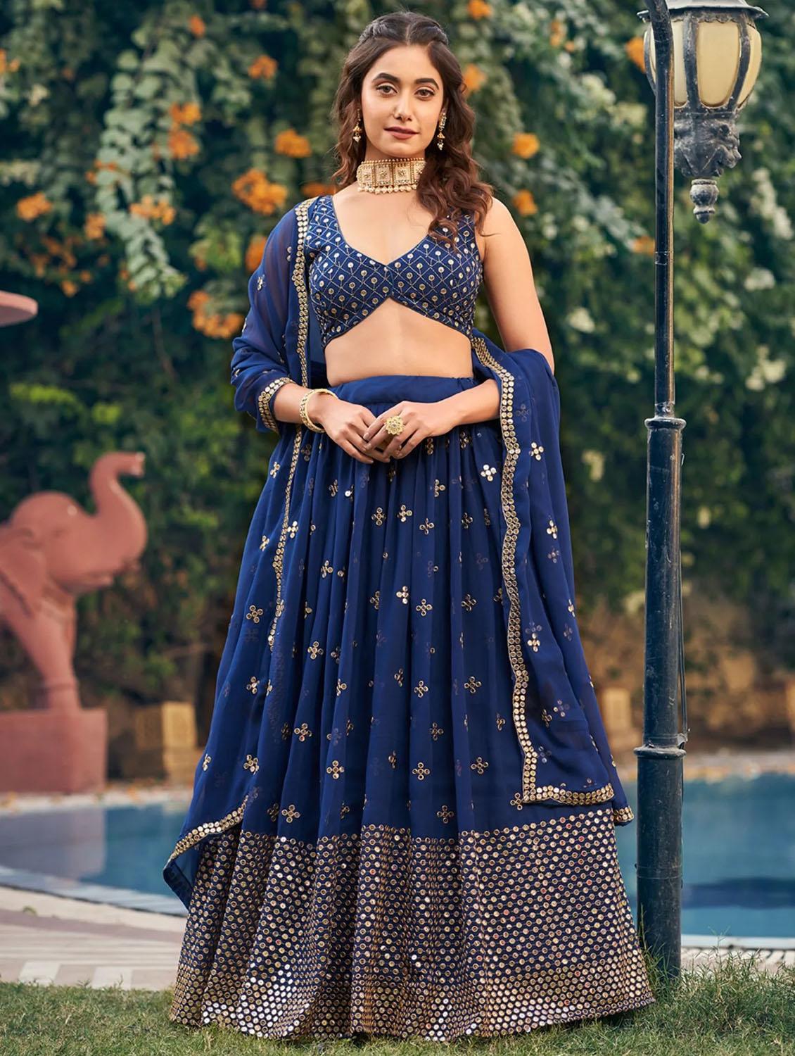 blue self design semi-stitched flared lehenga - 20078152 -  Zoom Image - 0