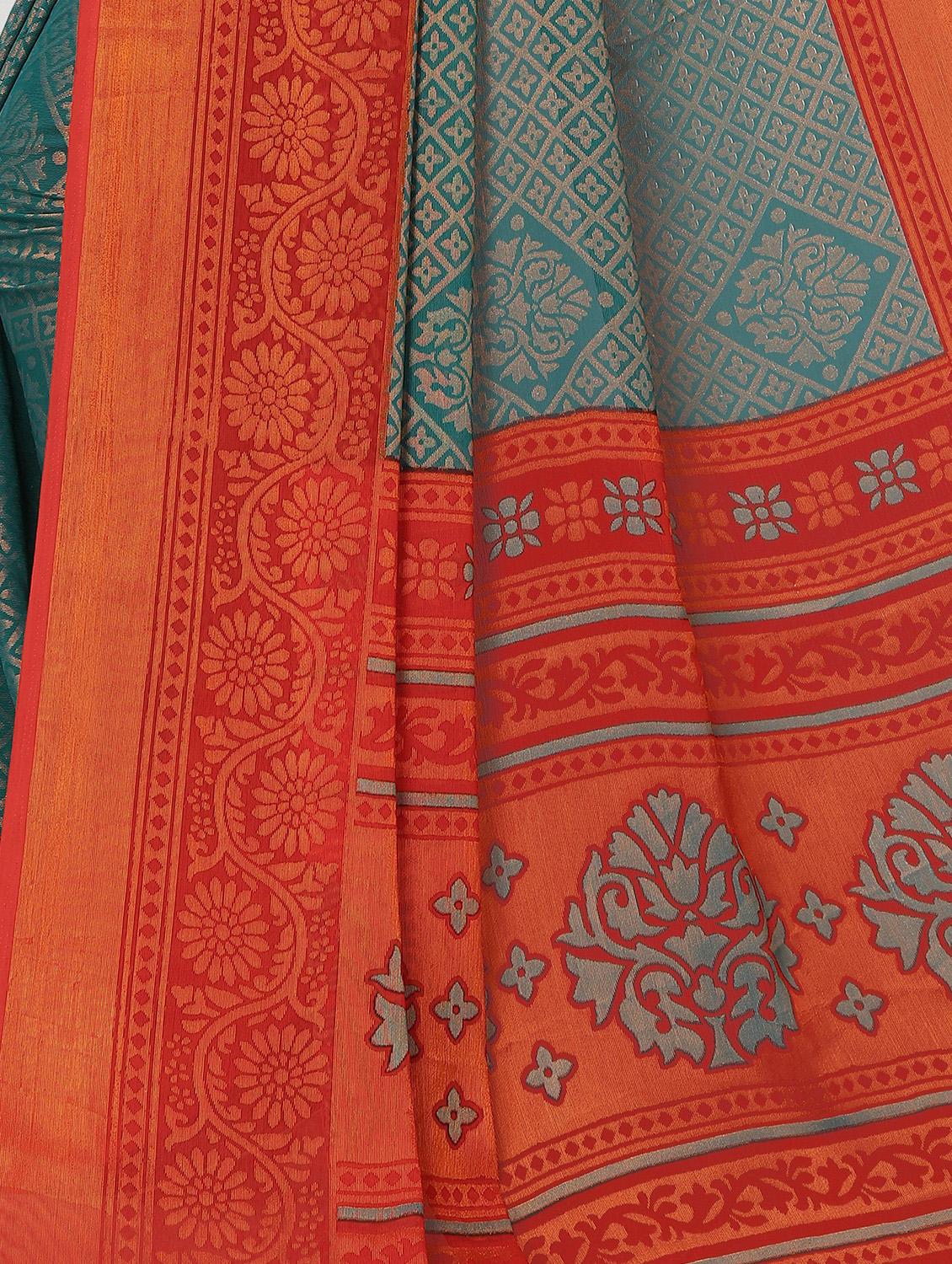 green cotton blend saree with blouse - 20086496 - Standard Image - 2