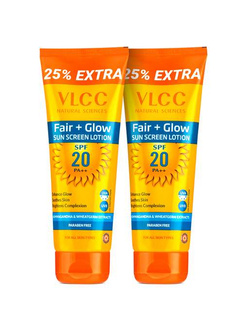 vlcc fair+ glow sunscreen lotion spf 20 pa ++ - 100 g with 25 g extra ( pack of 2 ) - 20088071 -  Standard Image - 0