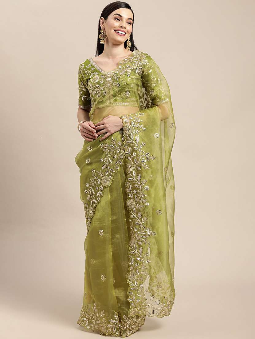 green embroidered saree with bloiuse with blouse