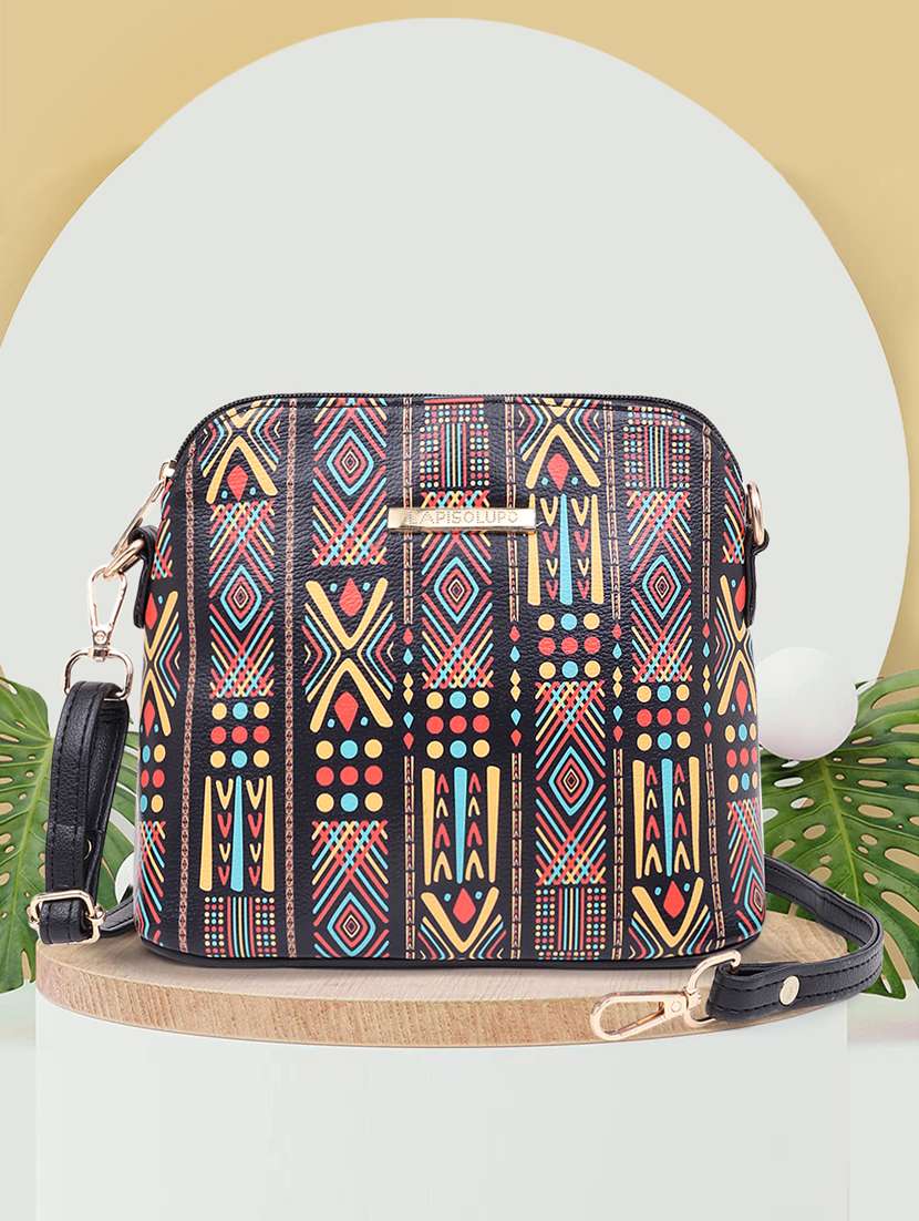 printed leatherette sling bag