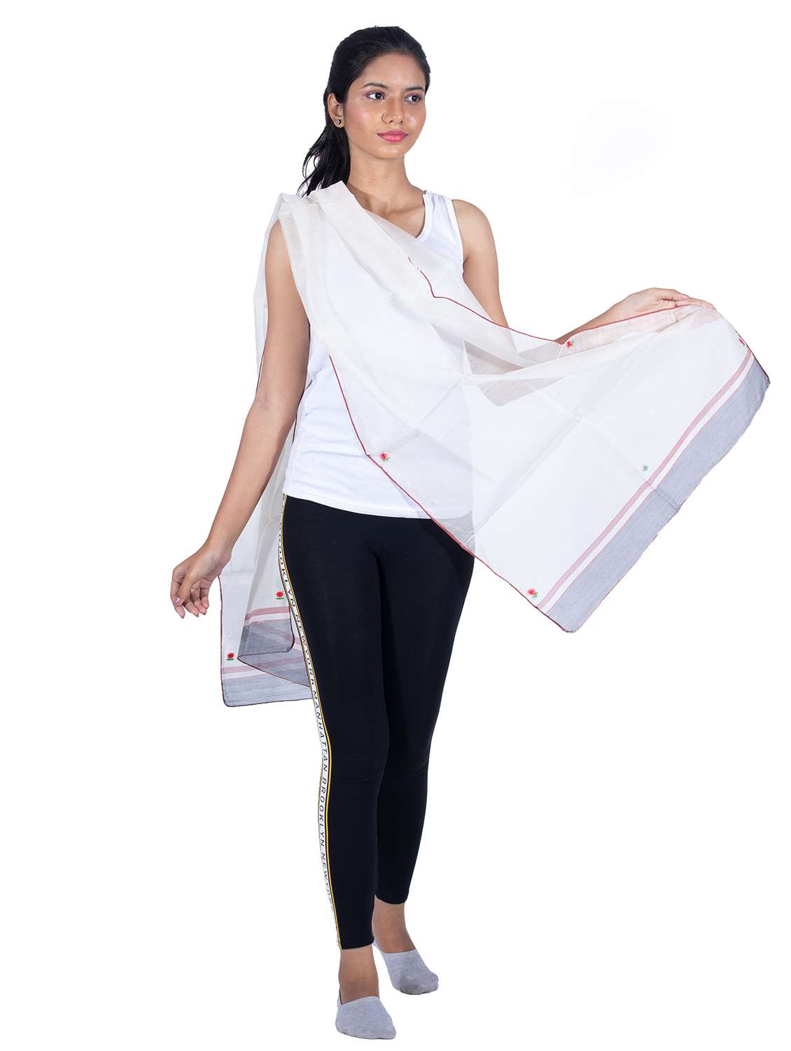 handwoven chanderi silk scarf grey border with jamdani butta work