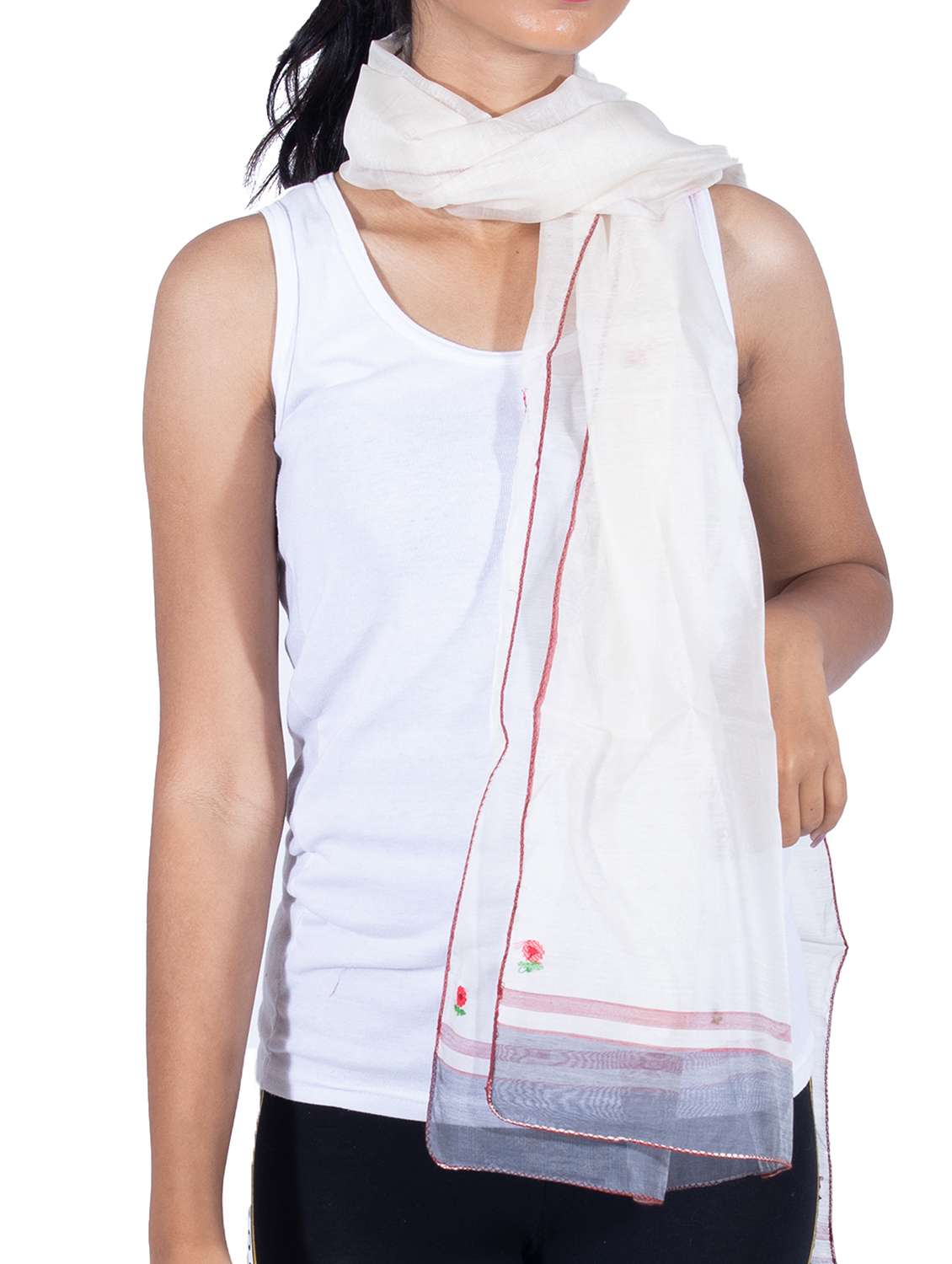 handwoven chanderi silk scarf grey border with jamdani butta work - 20103263 -  Standard Image - 2