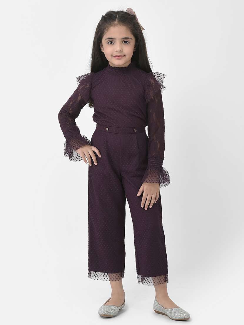 girls brown self design full length jumpsuit 