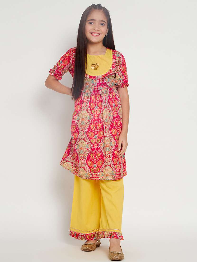 pink & yellow printed kurta palazzo set 