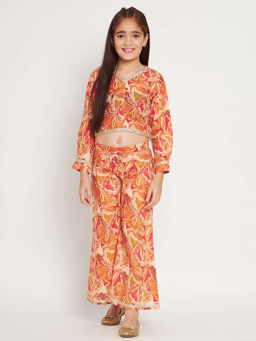 brown printed top pants set suit set