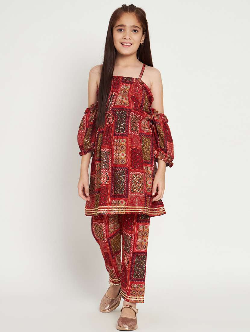 red printed cold sholuder kurta pant set