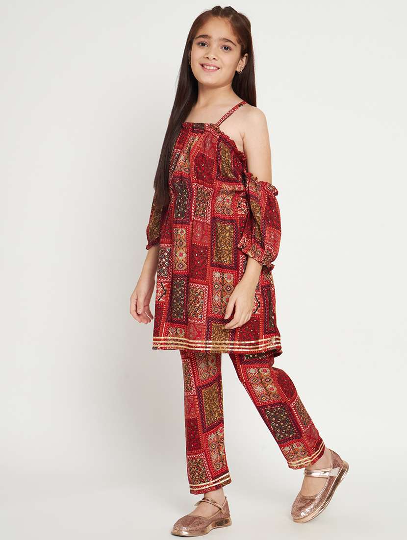 red printed cold sholuder kurta pant set - 20117193 - Standard Image - 2