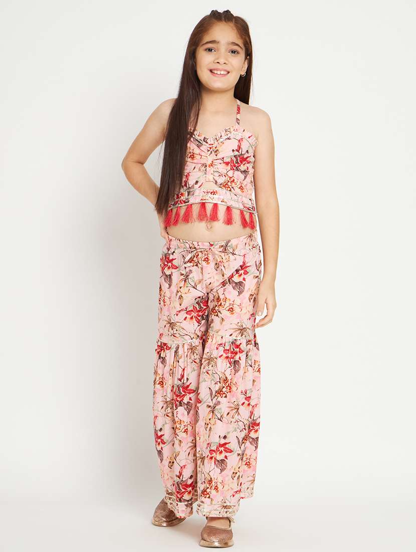 pink printed sweetheart neck top pants set 