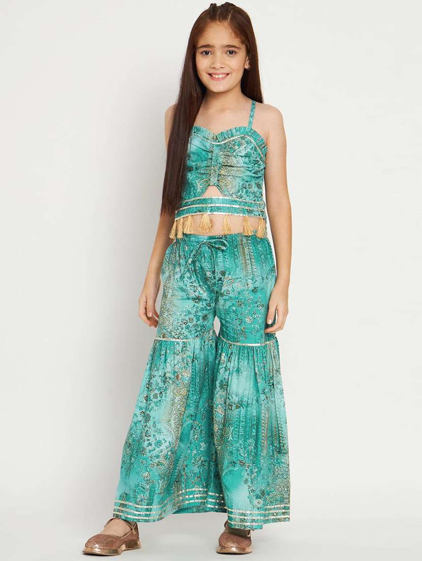 blue printed sweetheart neck top pants set 