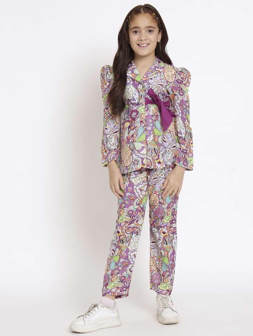 girls purple printed top pants co-ord set