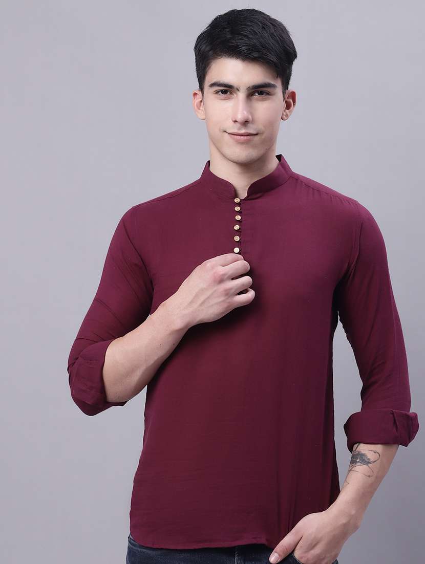 purple solid mandarin neck kurta - 20117409 - Zoom Image - 0