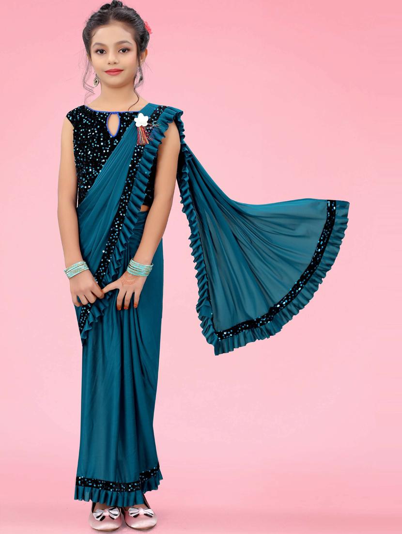teal blue solid with ruffle border saree - 20117665 - Standard Image - 2