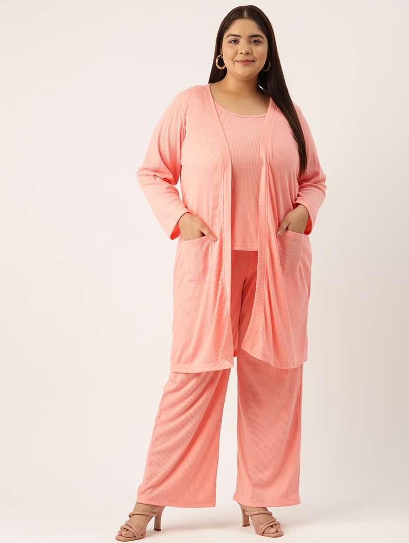 pink solid top and trouser with shrug co-ord set 