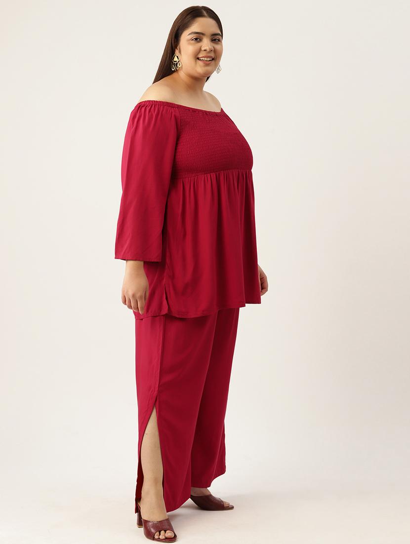 red solid off-shoulder top and palazzo co-ord set - 20120478 - Standard Image - 2