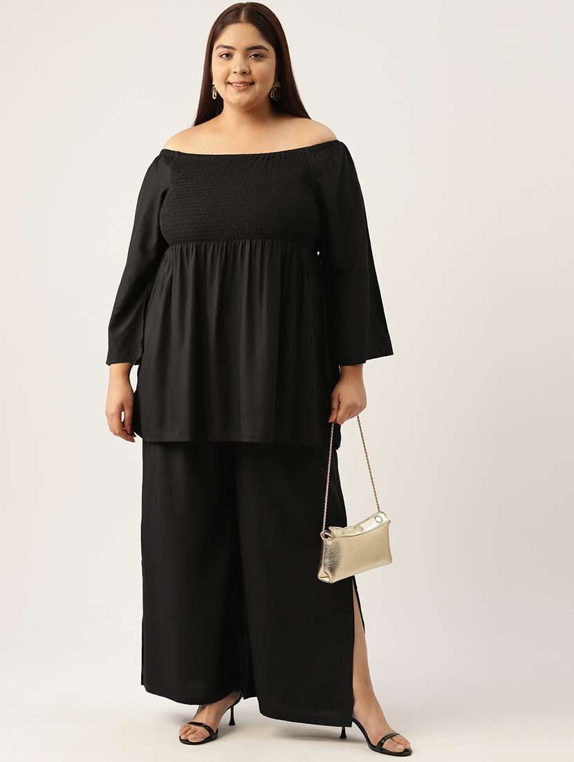 black solid off-shoulder top and palazzo co-ord set 