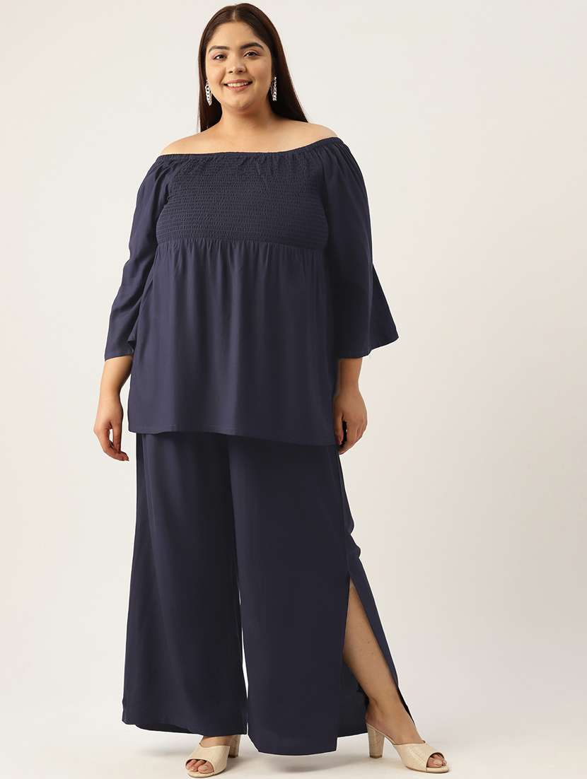 navy blue solid off-shoulder top and palazzo co-ord set 