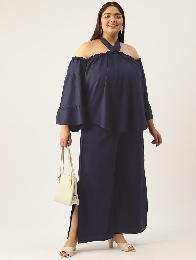 navy blue solid tie back neck top and palazzo co-ord set - 20120489 - Standard Image - 2