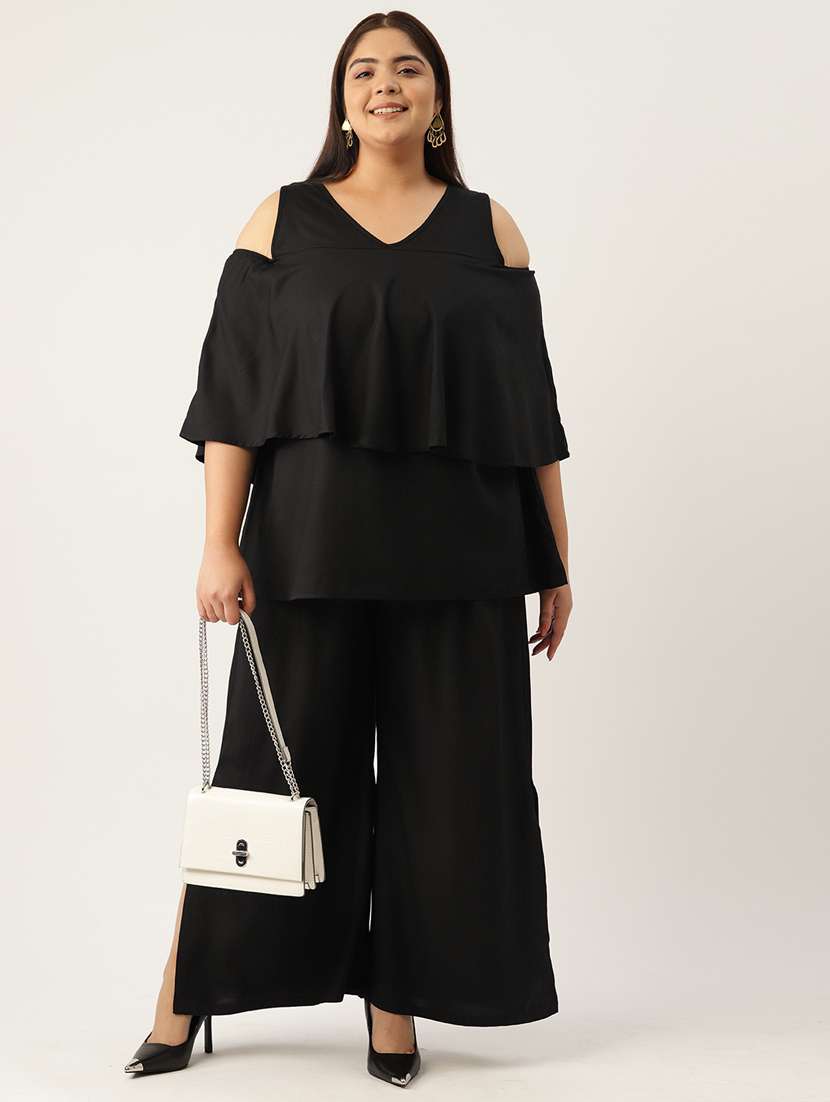 black solid cold shoulder top and palazzo co-ord set 