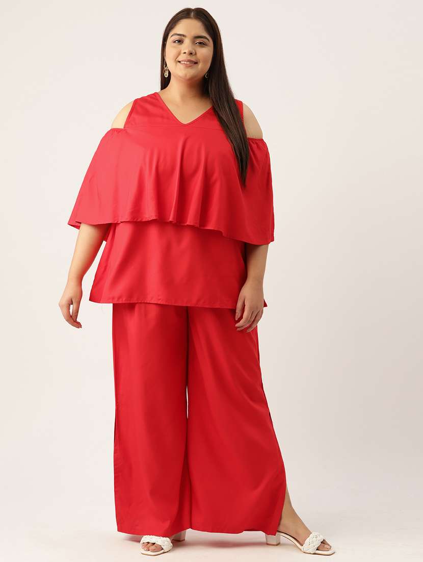 red solid cold shoulder top and palazzo co-ord set 