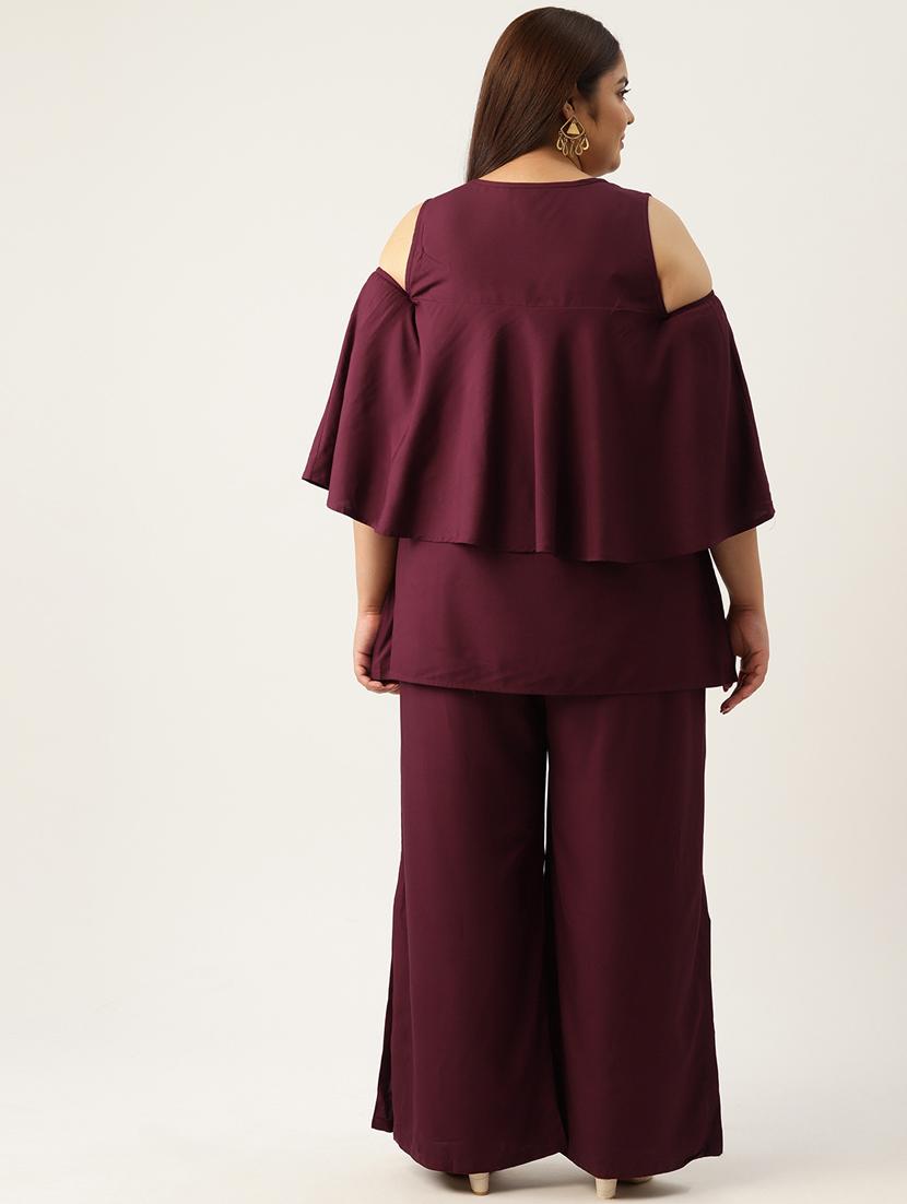 purple solid cold shoulder top and palazzo co-ord set - 20120492 - Standard Image - 2