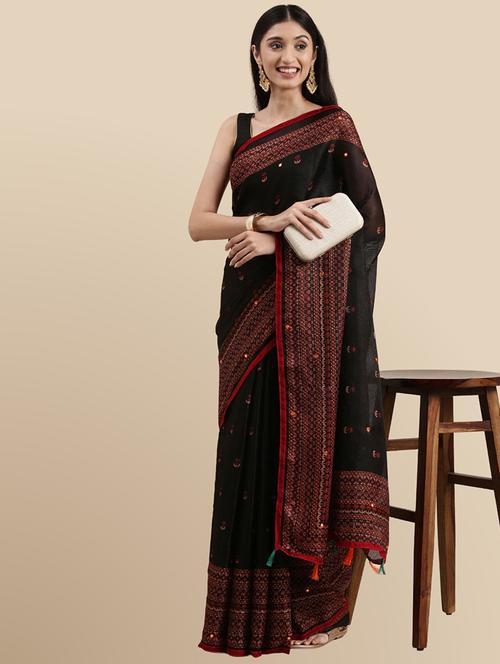 women self design black colored saree with blouse - 20120794 - Standard Image - 0
