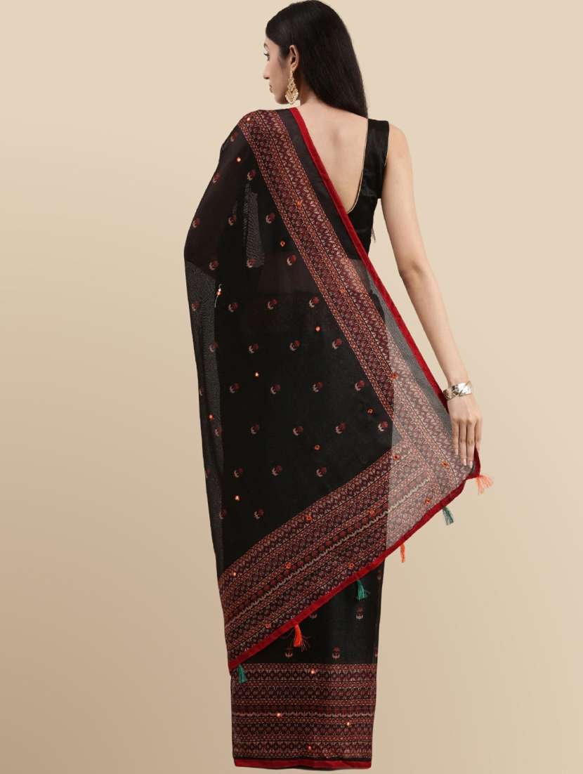 Women Self Design Black Colored Saree With Blouse