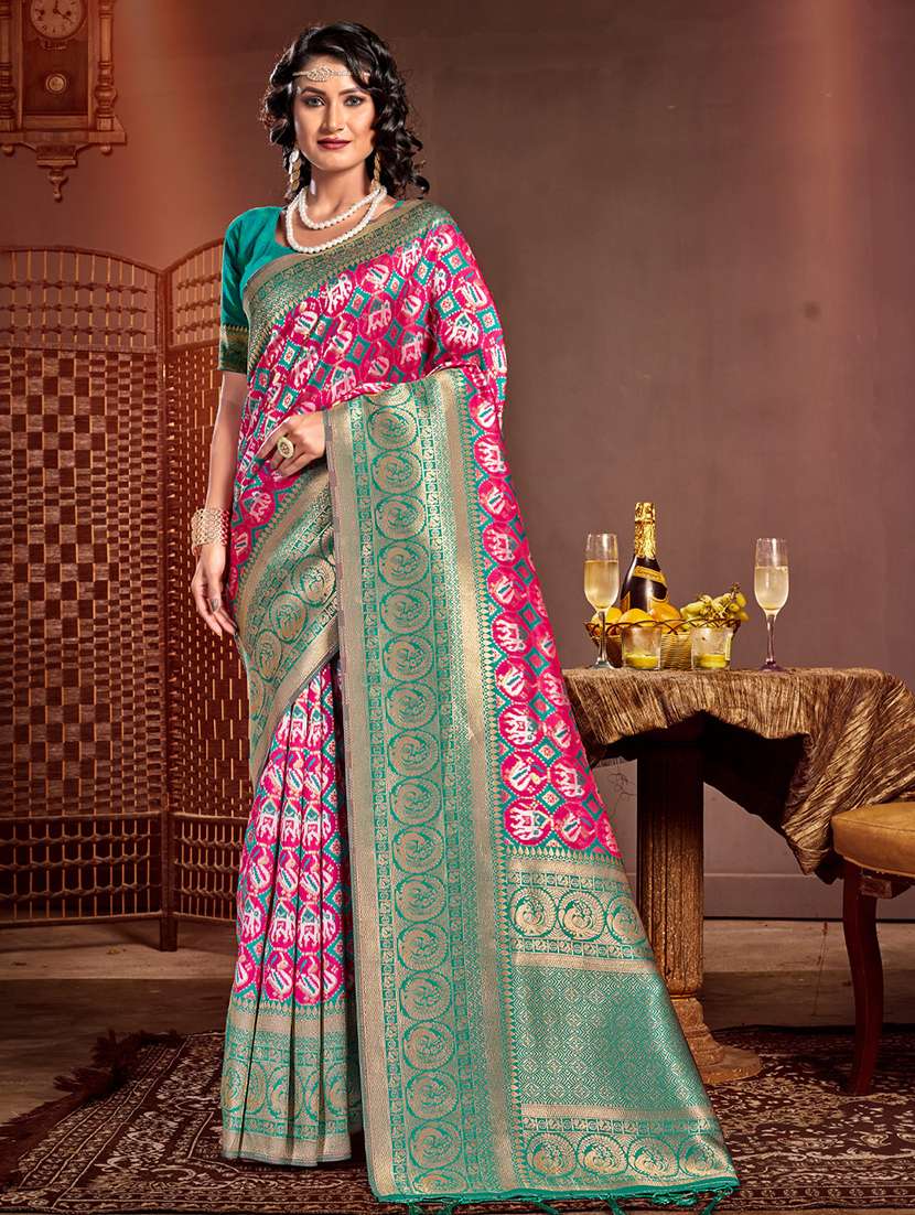 women's self design pink colored saree with blouse