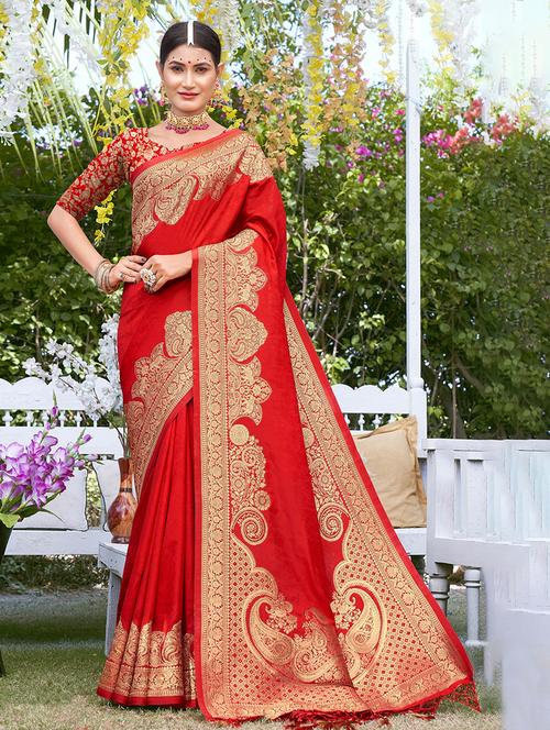 women's self design red colored saree with blouse - 20122123 - Standard Image - 0