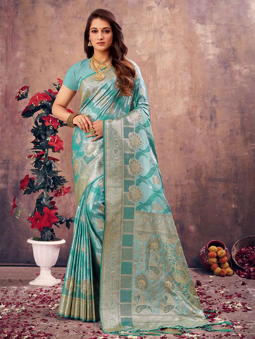 women's self design turquoise colored saree with blouse - 20122287 - Zoom Image - 0