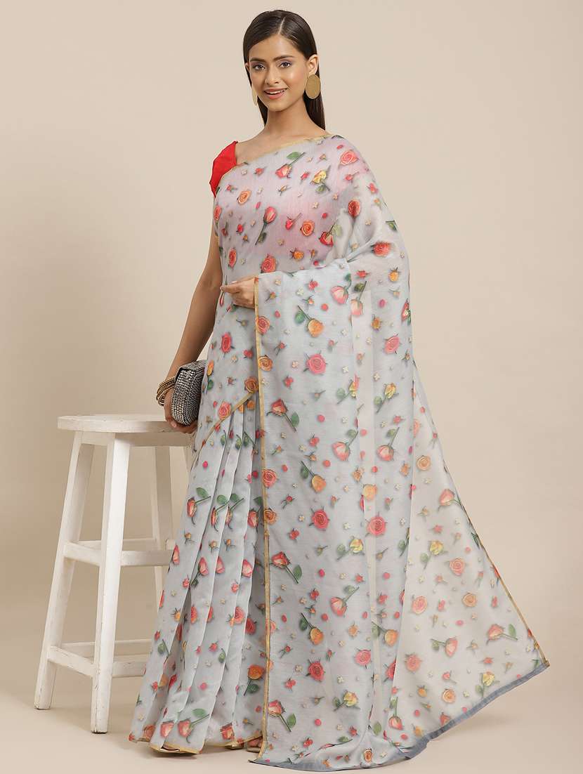 grey organza printed saree with blouse
