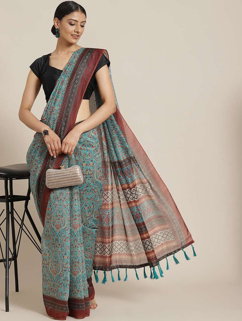women's printed sea green colored saree with blouse