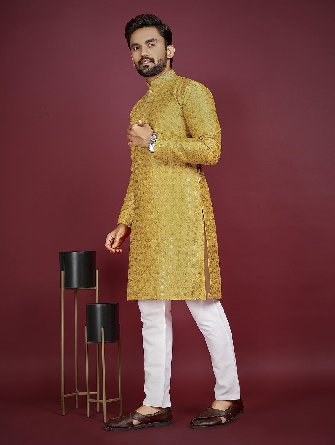 mandarin neck self design kurta - 20125118 - Standard Image - 2